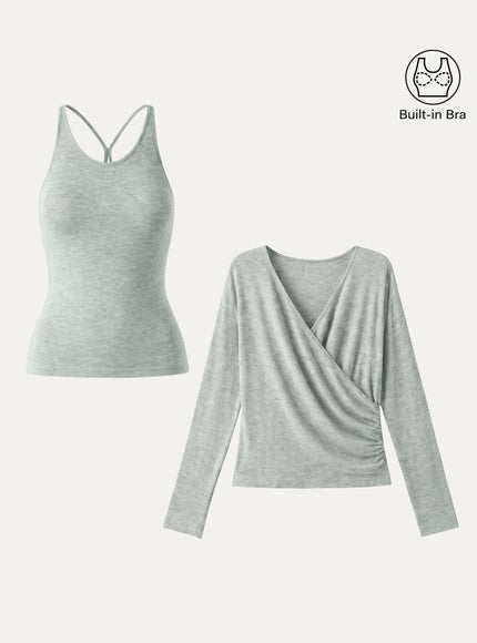 Two-Piece Set Cami with Surplice Ruched Built-In Bra Top