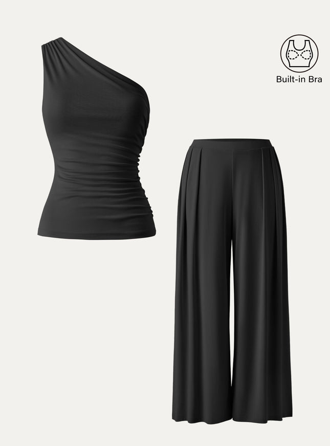2Pcs Set Regular Wide Leg Palazzo Pant with Pockets & Ruched Built-In Bra Tank