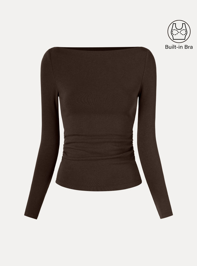 Modern Side Ruched Boatneck Built-In Bra Top