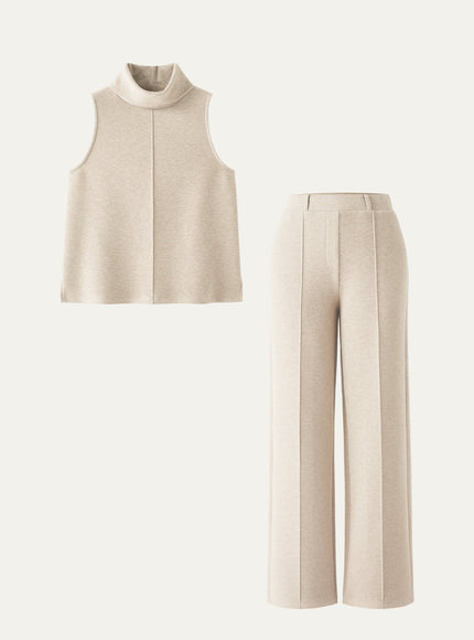 2Pcs Set Regular Split Hem Top & High Waisted Warm Straight Leg Pull On Pant