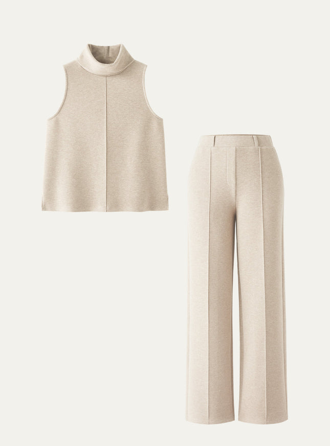 2Pcs Set Regular Split Hem Top & High Waisted Warm Straight Leg Pull On Pant