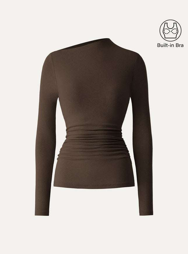 Slanted Mockneck Ruched Built-In Bra Top