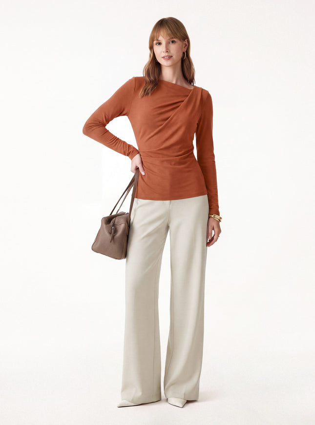 2Pcs Set Asymmetrical Neck Long Sleeve Top & Mid Rise Wide Leg Trouser