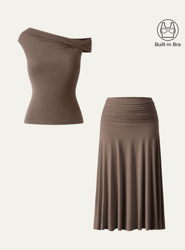 2Pcs Set Multi-wear Built-In Bra Top & Side Ruched A-line Midi Skirt