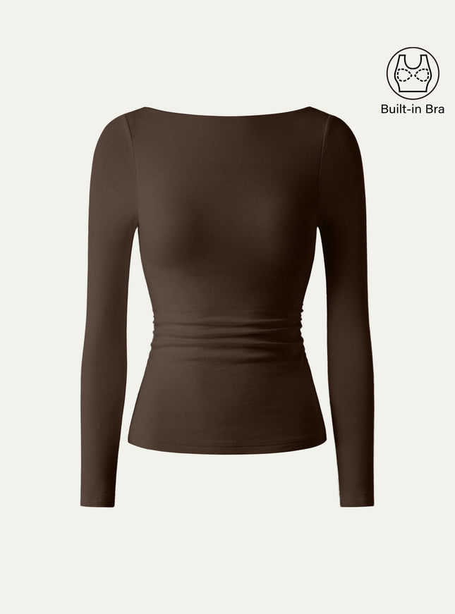 Boatneck Long Sleeve Open-Back Ruched Built-In Bra Top