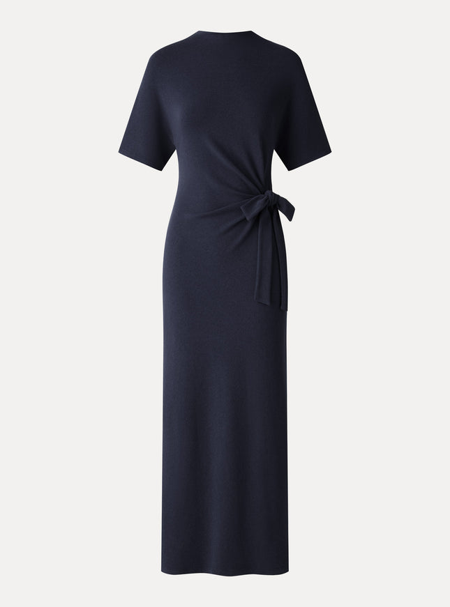 Mock Neck Elbow Sleeve Tie-Waist Midi Dress