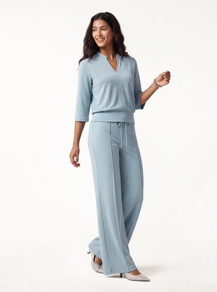 2Pcs Set V-Neck Elbow Sleeve Bam Top & High-Rise Flare Pants with Pockets