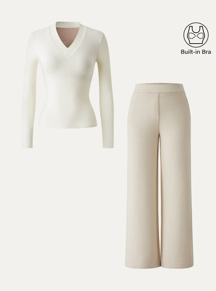 2Pcs Set V-neck Slimming Built-In Bra Top & Mid Rise Straight Pant with Pockets