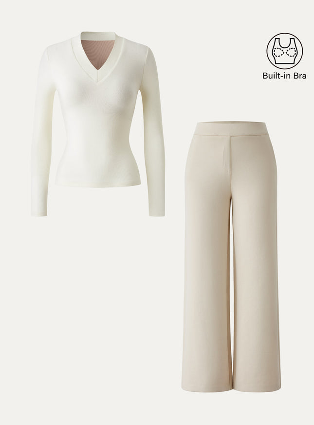 2Pcs Set V-neck Slimming Built-In Bra Top & Mid Rise Straight Pant with Pockets