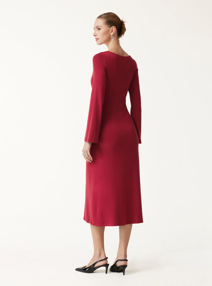 Boatneck Bell Sleeve Midi Built-In Bra Dress