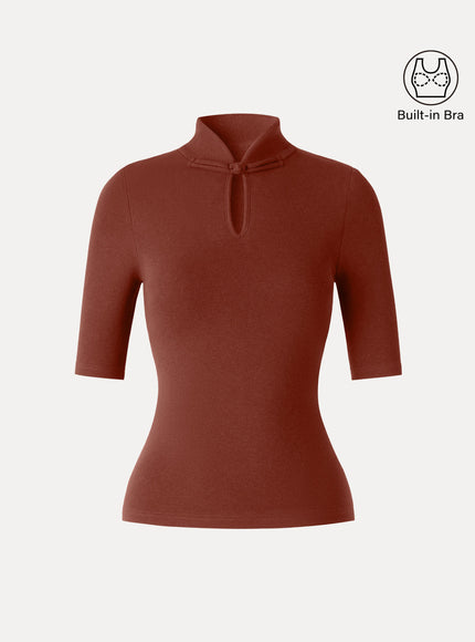 Teardrop Neck Elbow Sleeve Built-In Bra Top