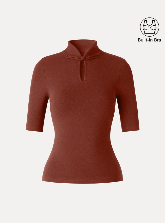 Teardrop Neck Elbow Sleeve Built-In Bra Top