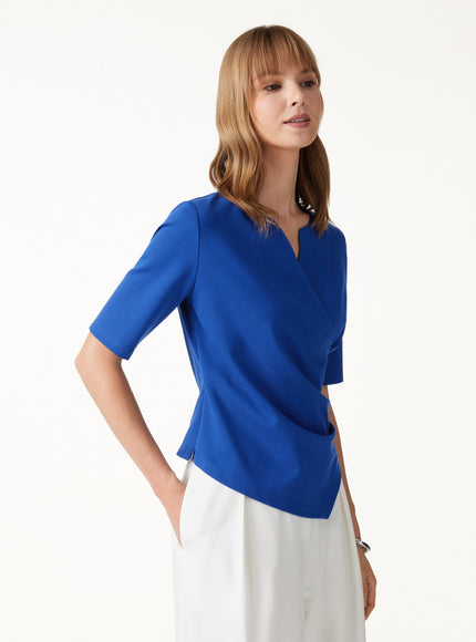 Ponte Surplice Elbow Sleeve Asymmetrical Hem Top