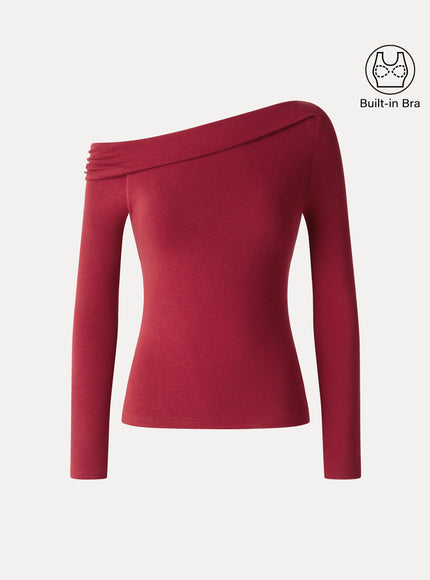 Asymmetrical Neck Long Sleeve Built-In Bra Top