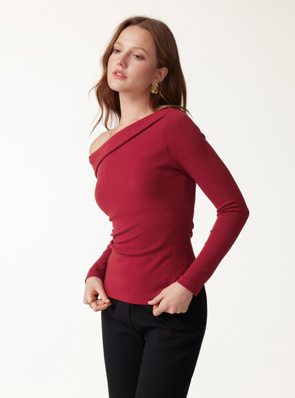 Asymmetrical Neck Long Sleeve Built-In Bra Top