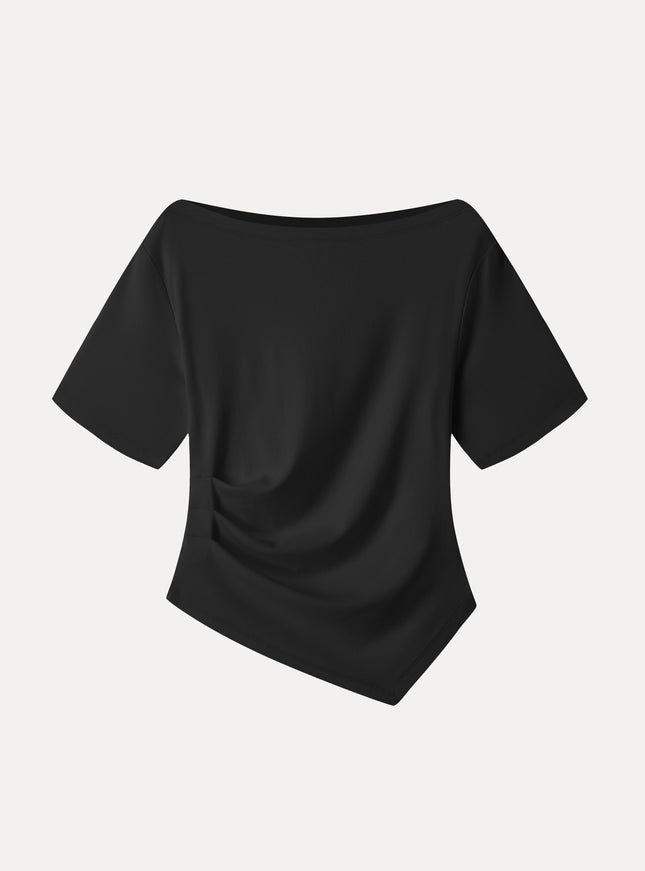 Cotton Blend Boatneck Elbow Sleeve Asymmetrical Tucked Top