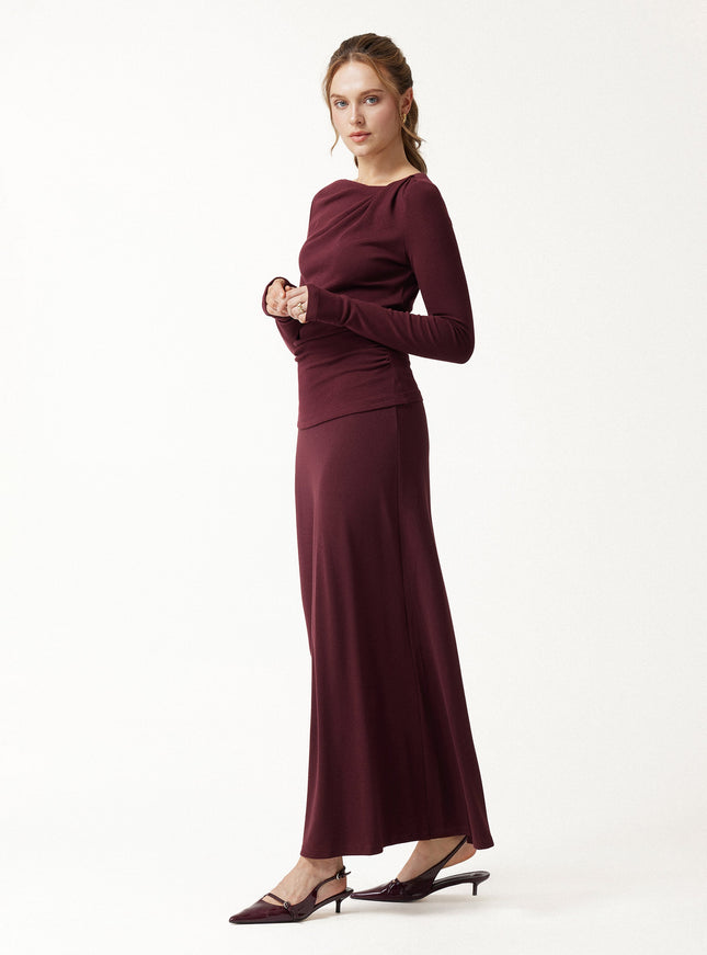 2Pcs Set Asymmetrical Neck Ruched Top & High-Rise A-Line Maxi Skirt