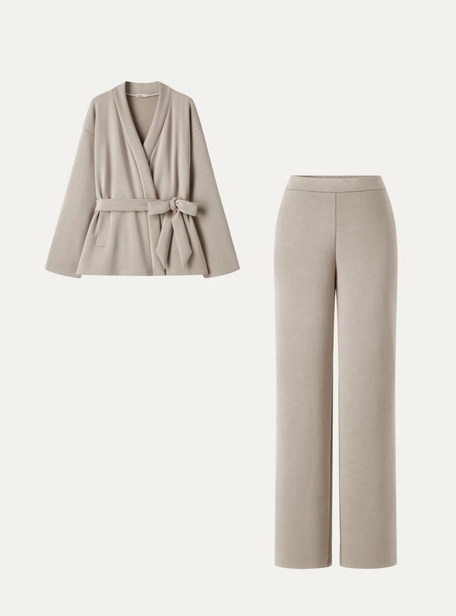2Pcs Set MaxWarm Belted Wrap Cardigan Coat with Poclets & High-Rise Straight-Leg Pants with Pockets