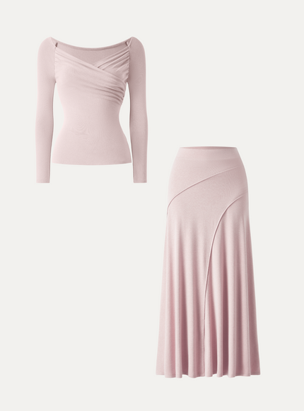 2Pcs Set Surplice Long Sleeve Ruched Top & A-Line Midi Skirt