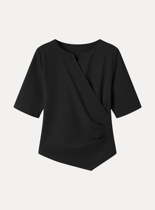 Ponte Surplice Elbow Sleeve Asymmetrical Hem Top