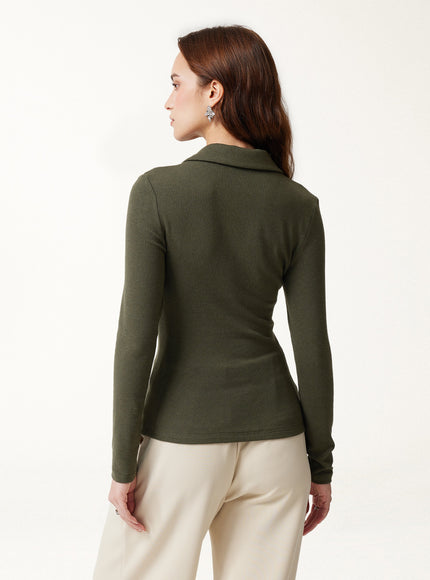 Office Staple V-Neck Lapel Long Sleeve Built-In Bra Top