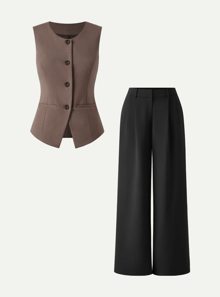 2Pcs Set Waistcoat with Pockets & Wide Leg Pant with Pockets