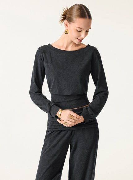 2Pcs Set Boatneck Built-In Bra & Drapey Wide Leg Pull-on Pants with Pockets