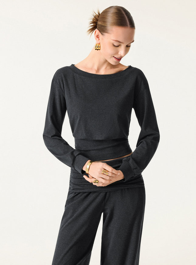 2Pcs Set Boatneck Built-In Bra & Drapey Wide Leg Pull-on Pants with Pockets