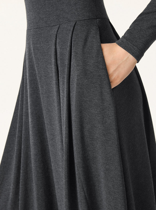 Mockneck Pleated Midi Built-In Bra Dress with Pockets