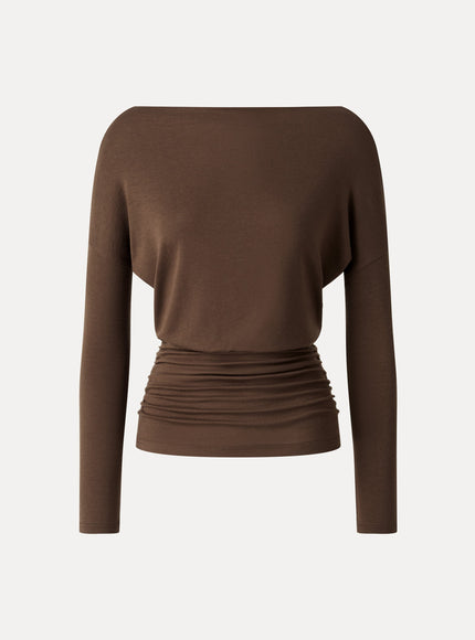 Lyocell-Wool Slash Neck Long Sleeve Ruched Banded Hem Top