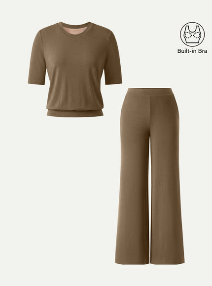 2Pcs Set Petite Wide Leg Pant with Pockets & Crewneck Built-In Bra Top