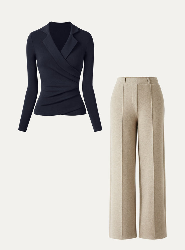 2Pcs Set Collared Surplice Top & High Waisted Straight Leg Pull On Pant