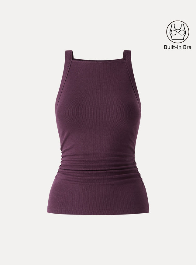 Chic Square Neck Ruched Rib Built-In Bra Tank