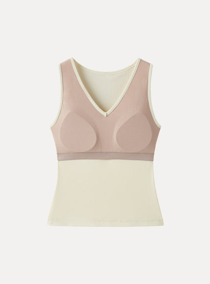 Stretch Cotton Pointelle V-neck Sleeveless Built-In Bra Tank
