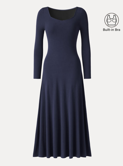 Diamond Neck Long Sleeve Drapey Maxi Built-In Bra Dress
