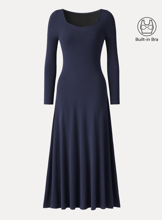 Diamond Neck Long Sleeve Drapey Maxi Built-In Bra Dress
