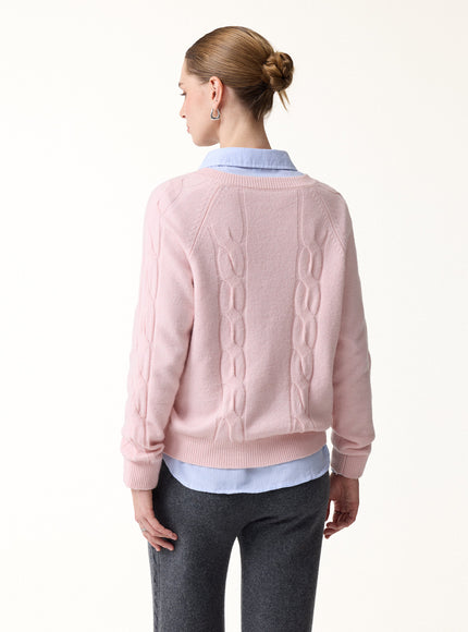 Merino-Blend Cable-Knit Crew Neck Long Sleeve Cardigan