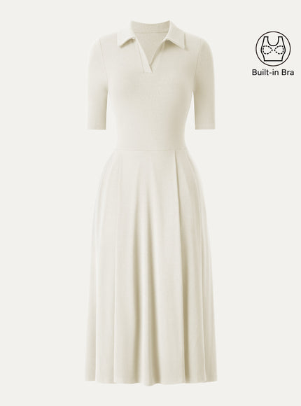 Polo Neck Elbow Length Sleeve Midi Built-In Bra Dress with Pockets