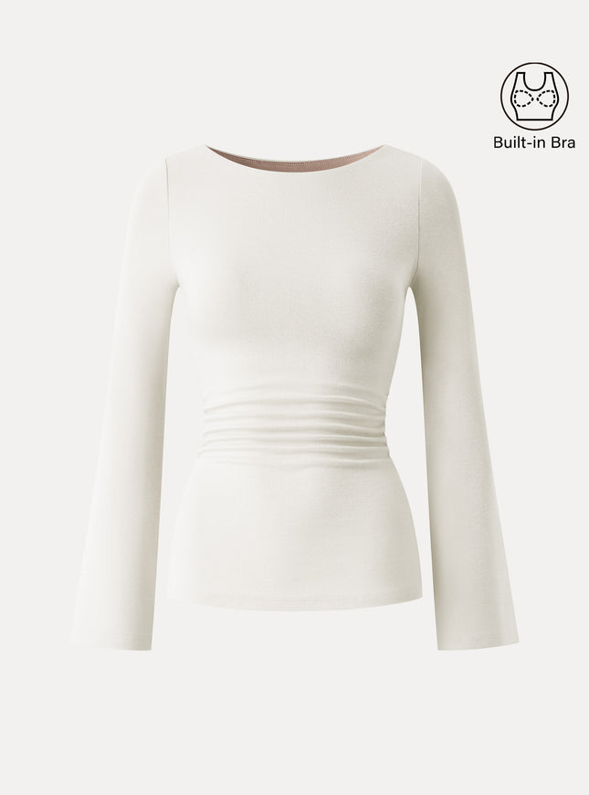 Round Neck Bell Sleeve Ruched Built-In Bra Top