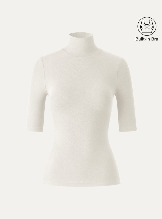 Essential Turtleneck Elbow Length Sleeve Built-In Bra Top - Midnight Navy