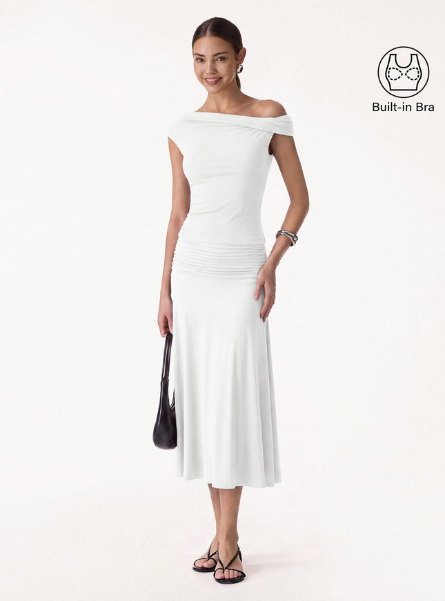 2Pcs Set Multi-wear Built-In Bra Top & Side Ruched A-line Midi Skirt