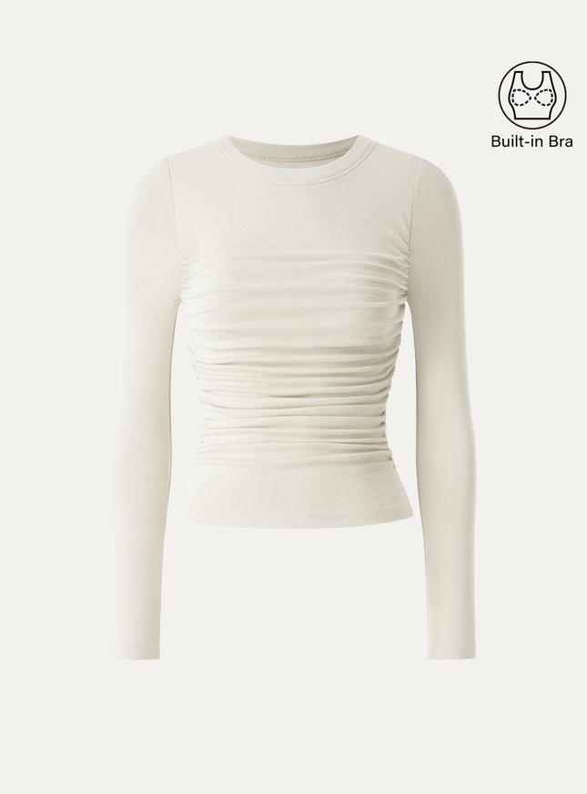 Roundneck Long Sleeve Ruched Built-In Bra Top