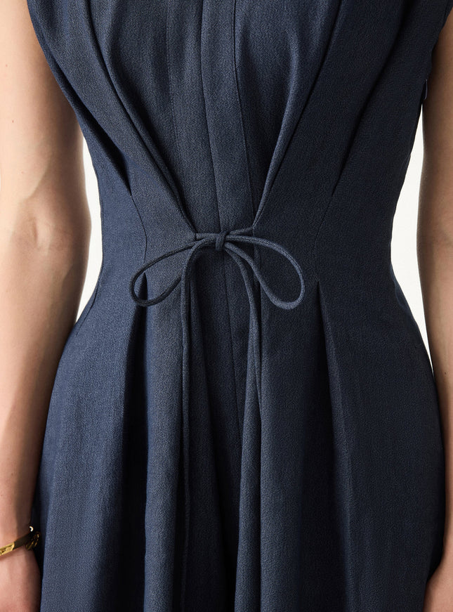 Viscose-Linen Collared V-neck Midi Dress with Drawstring