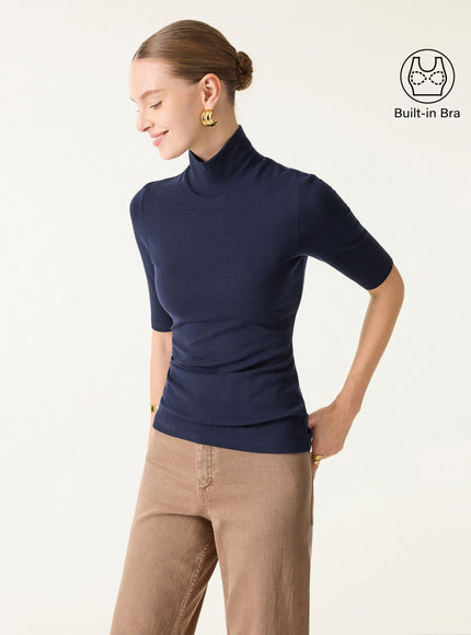 Essential Turtleneck Elbow Length Sleeve Built-In Bra Top - Midnight Navy