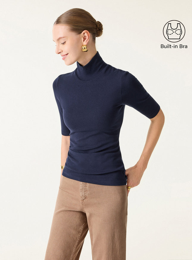 Essential Turtleneck Elbow Length Sleeve Built-In Bra Top - Midnight Navy