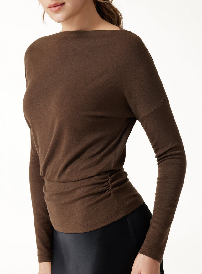 Lyocell-Wool Slash Neck Long Sleeve Ruched Banded Hem Top