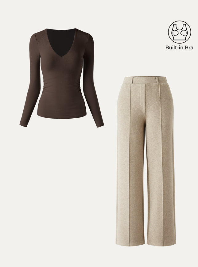 2Pcs Set V-Neck Side-Tuck Built-In Bra Top & High Waisted Warm Straight Leg Pull On Pant