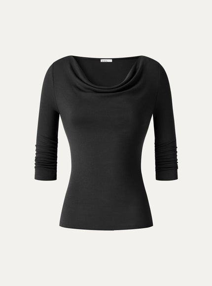 Lyocell-Wool Cowl Neck 3/4 Sleeve Ruched Cuff Top