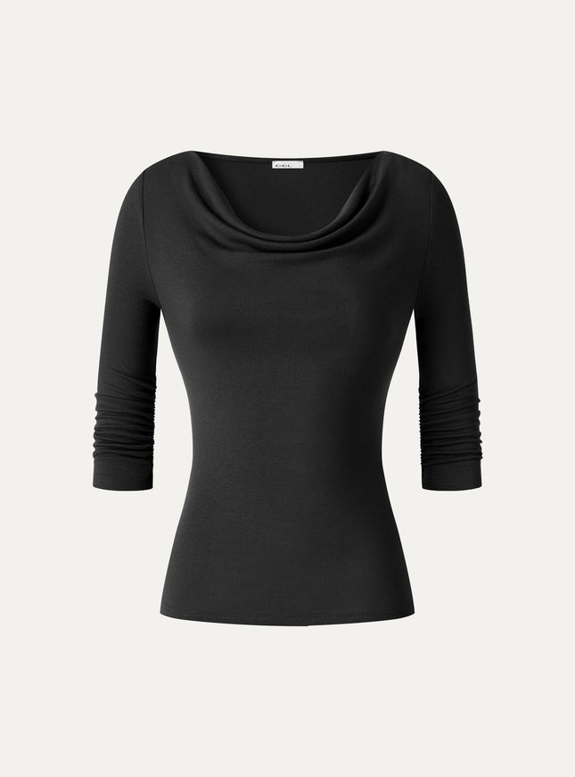 Lyocell-Wool Cowl Neck 3/4 Sleeve Ruched Cuff Top
