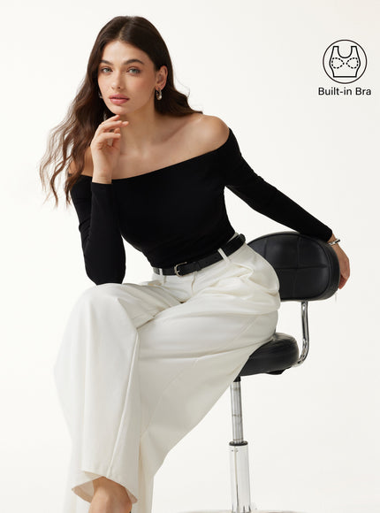 Non-Slip Off-Shoulder Long Sleeve Built-In Bra Top